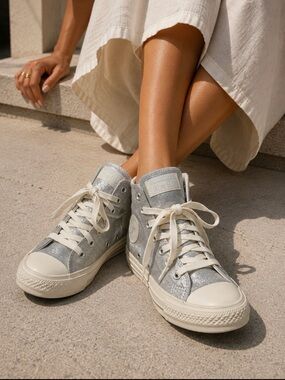 Converse Women's Silver Glitter High-Top Sneakers with Cream Laces Sz 83 EU
